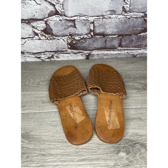 almudena miliani Brown Leather Woven Slide Sandals Women Sz 9M US/40EU - Picture 4 of 16